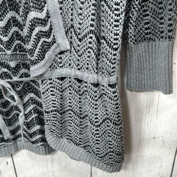 DKNY Jeans Gray Chevron Knit Belted Cardigan Cozy Minimalist Soft Grunge - Picture 8 of 13